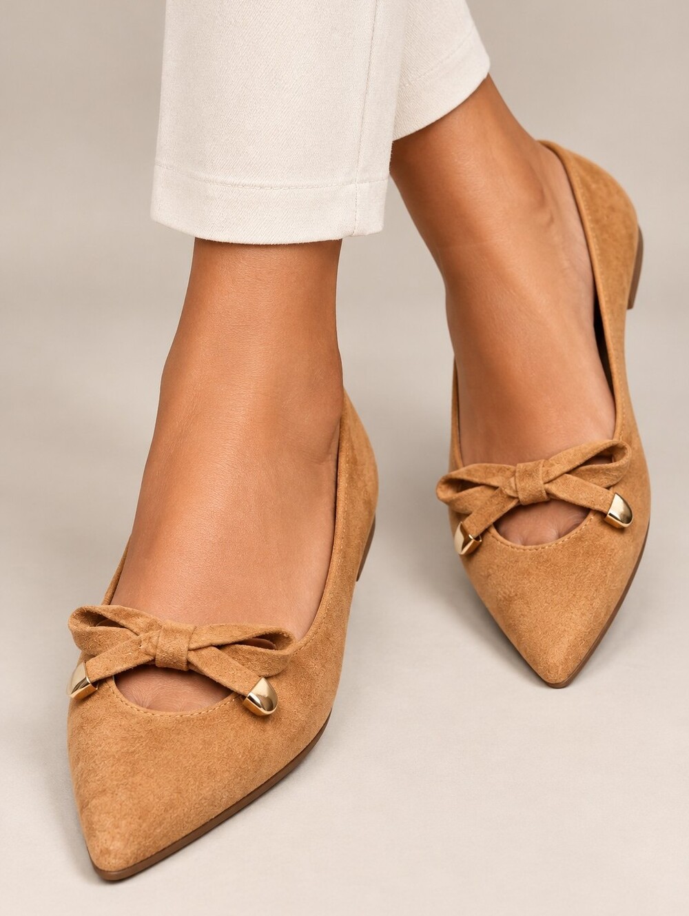 Mila Lady Anne Pointed Toe Faux Suede Bow Flats- Camel- NIB